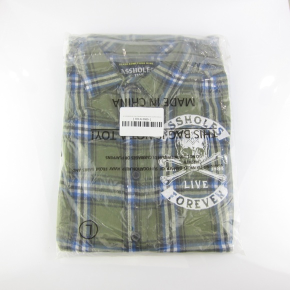 Assholes Live Forever ALF Crossbones Green Plaid Button-Down Flannel Shirt L NEW - Picture 5 of 5